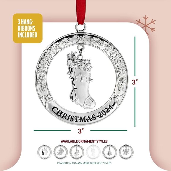 Christmas 3" x 3" Silver Wreath with Stocking Pendant Engraved Tree Ornament - Picture 3 of 8